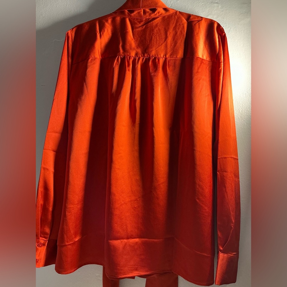 Ann Taylor Vibrant Orange Satin Blouse with Neck Tie - Picture 5 of 15